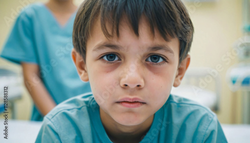 Headshot Portrait Of A Thoughtful Young Child Sitting In A Hospital Room, Reflecting Sad Emotions