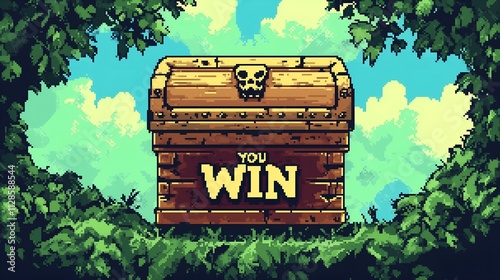  A pixel art treasure chest with a skull emblem and the text 