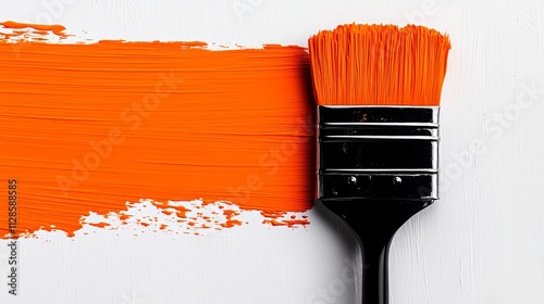 Paintbrush with orange paint on it is next to a white wall. The brush is black and the paint is orange photo