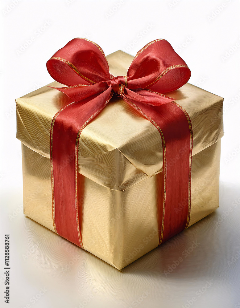 Obraz premium A golden gift box with a red ribbon bow, surrounded by festive decorations. Generative AI