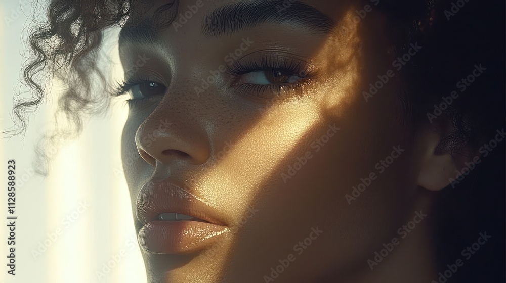 Close-up of a young woman with sun-drenched, expressive face and curly hair. Close-up of a young woman with sun-drenched, expressive face and curly hair.