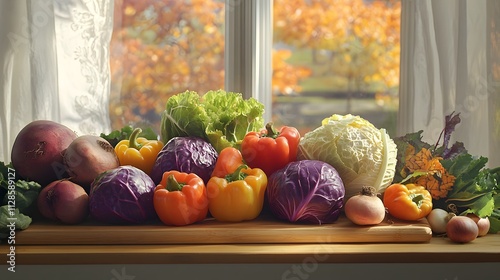 Colorful Autumn Vegetables Displayed On Wooden Board photo