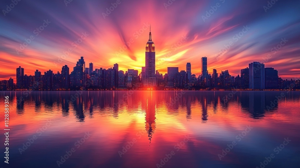 Vibrant sunrise over Manhattan skyline reflected in calm water. Vibrant sunrise over Manhattan skyline reflected in calm water.