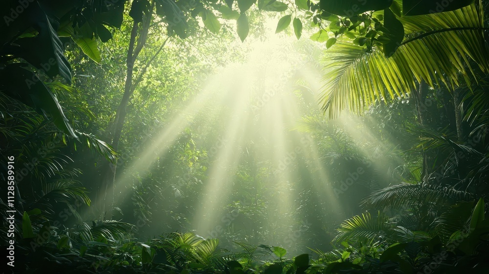 Tropical forest ecosystem with sunlight streaming through, mist rising to maintain balance Tropical forest ecosystem with sunlight streaming through, mist rising to maintain balance
