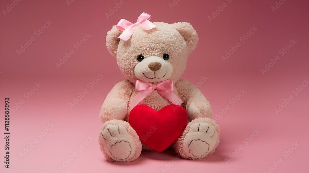 Design background cute plush beige teddy bear with red heart on pink background with space for text. Design background cute plush beige teddy bear with red heart on pink background with space for text.