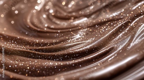  Close up of smooth melted chocolate with golden sparkles, creating a luxurious and delicious texture. photo