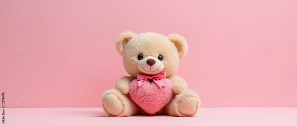 Design background cute plush beige teddy bear with pink heart on pink background with space for text. Design background cute plush beige teddy bear with pink heart on pink background with space for text.