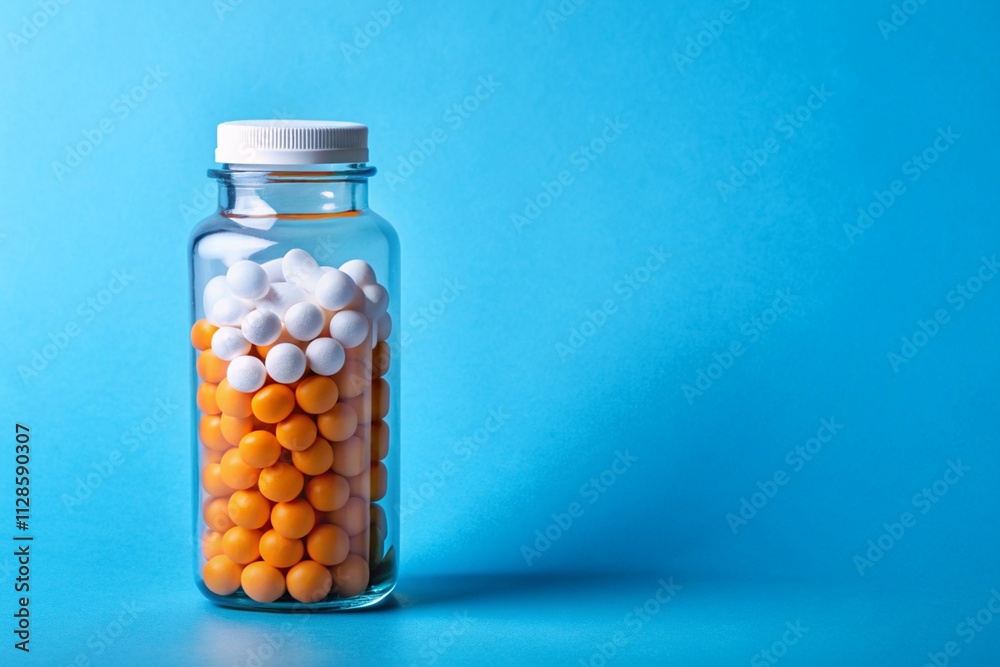 A bottle of pills with orange and white pills inside A bottle of pills with orange and white pills inside