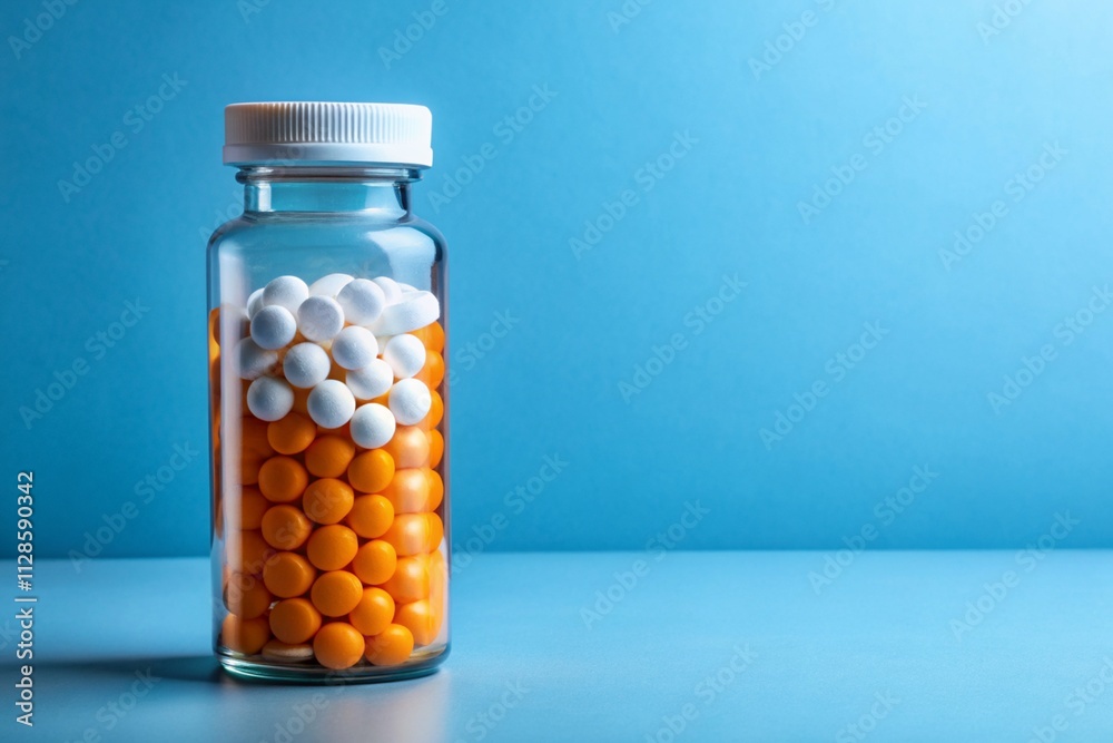 A bottle of pills with orange and white pills inside A bottle of pills with orange and white pills inside