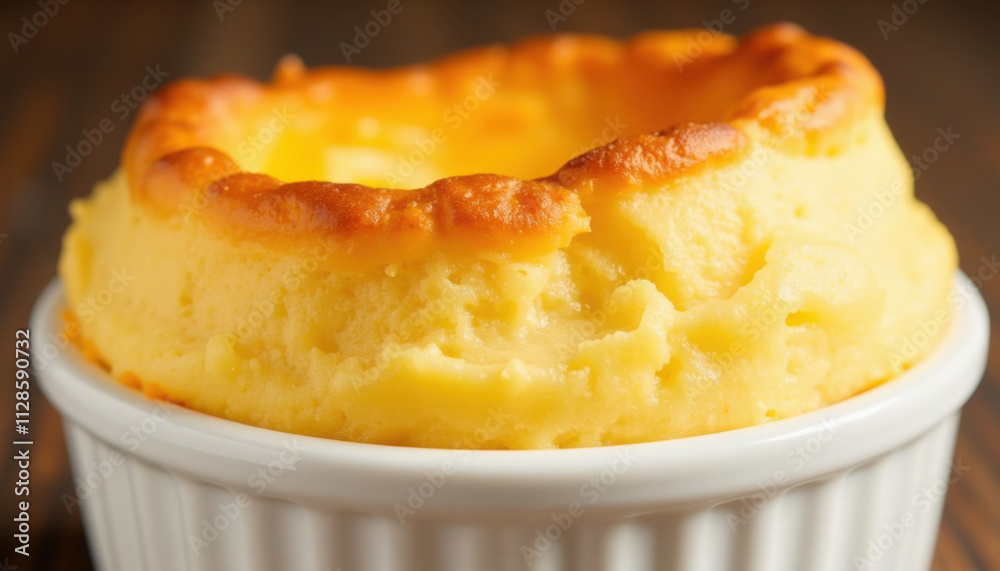 Close-up of a golden cheese soufflé in ramekin Close-up of a golden cheese soufflé in ramekin
