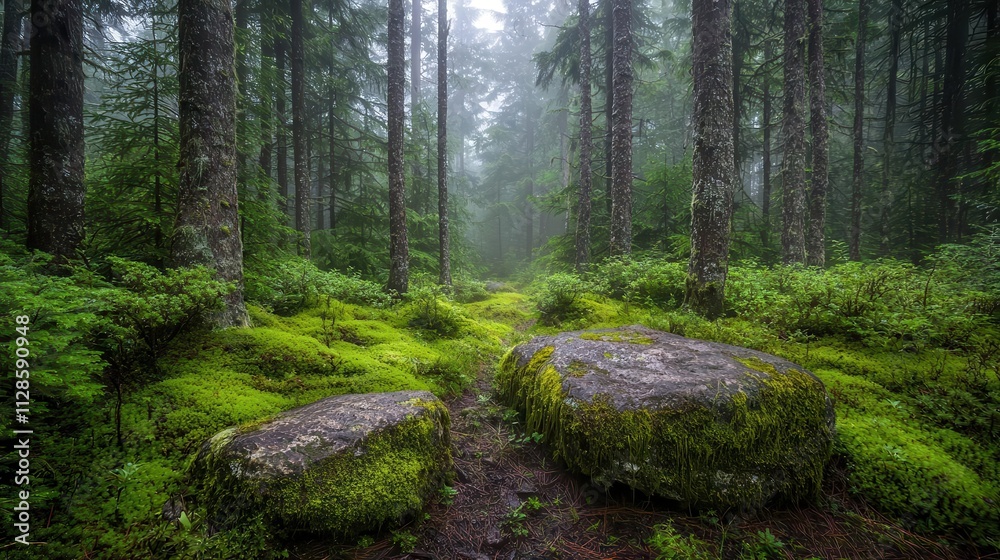 Vibrant green mosscovered rocks in a misty forest, showcasing the natural cycle of moisture retention and release