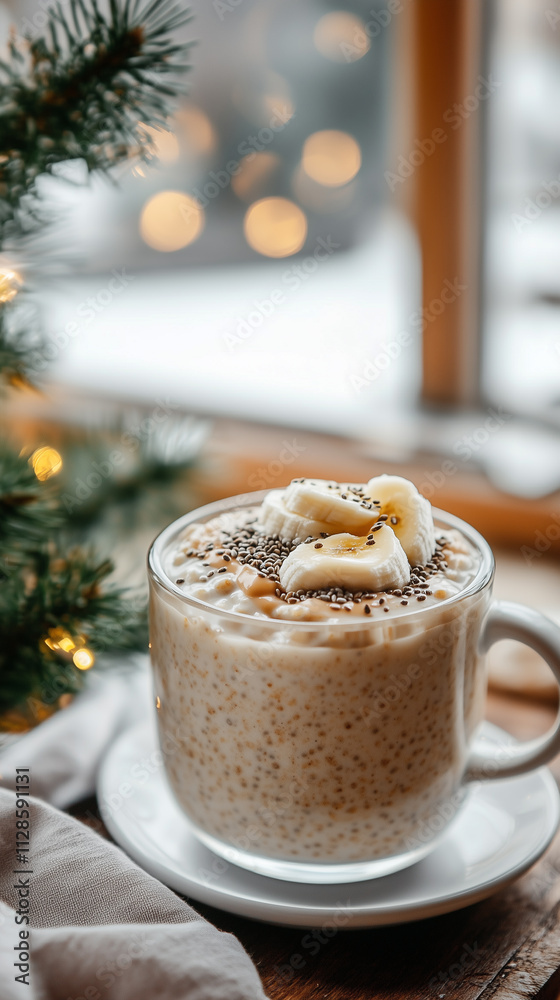 Healthy breakfast with oatmeal, banana, chia seeds, and honey celebrating near christmas tree Healthy breakfast with oatmeal, banana, chia seeds, and honey celebrating near christmas tree