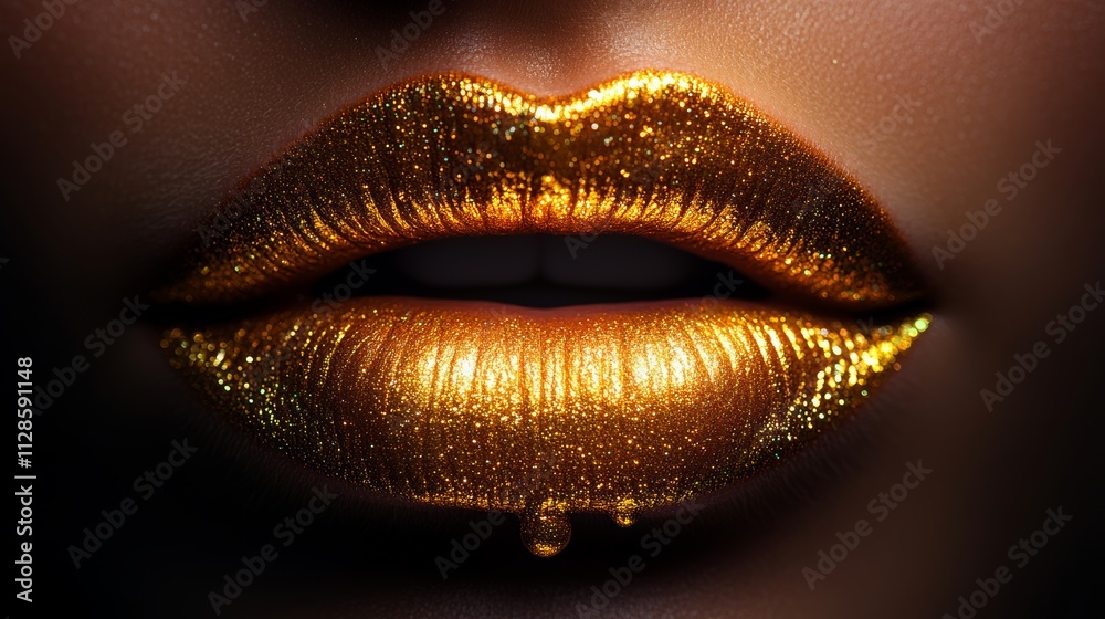Woman's lips are painted gold with glitter. Concept of glamour and luxury, as the gold lip color and glitter accentuate the woman's features and make her look more attractive Woman's lips are painted gold with glitter. Concept of glamour and luxury, as the gold lip color and glitter accentuate the woman's features and make her look more attractive