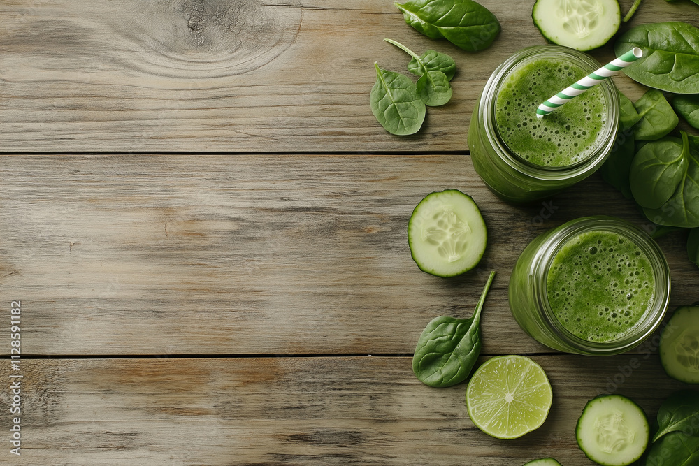 Obraz premium Green smoothie celebrating valentine's day with healthy food on rustic wooden table copy space