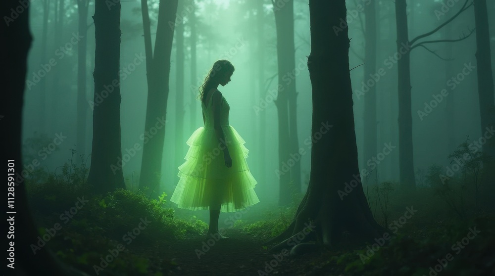 A Woman Bathed in Greenish Light, Standing in a Misty Landscape A Woman Bathed in Greenish Light, Standing in a Misty Landscape