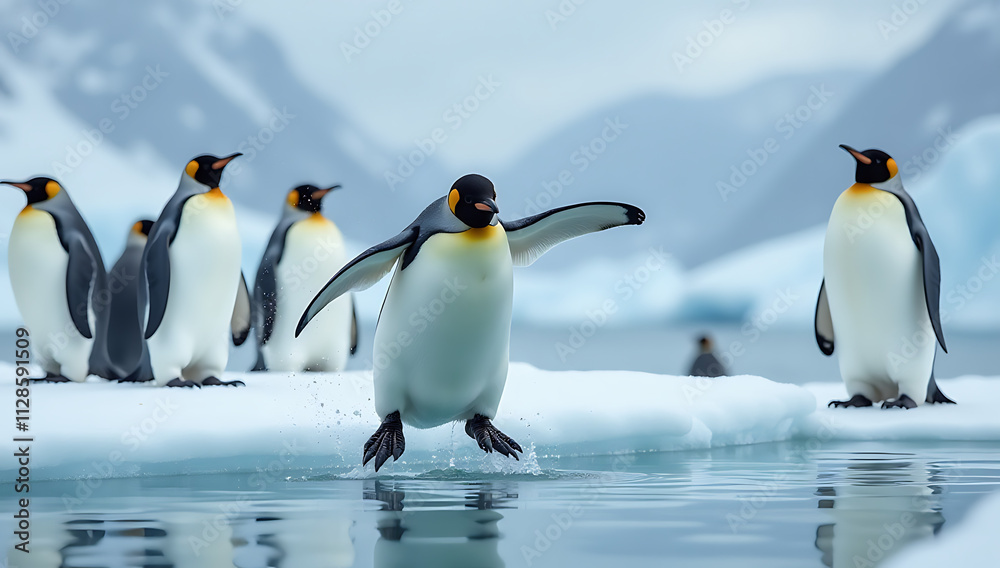 Naklejka premium A PANGUIN JUMPING IN ICE WATER IN NORTH POLE THE ATMOSPHERE BEHIND THE PENGUINS IS VERY COLD , A GROUP OF PENGUINS STANDING IN NORTH POLE