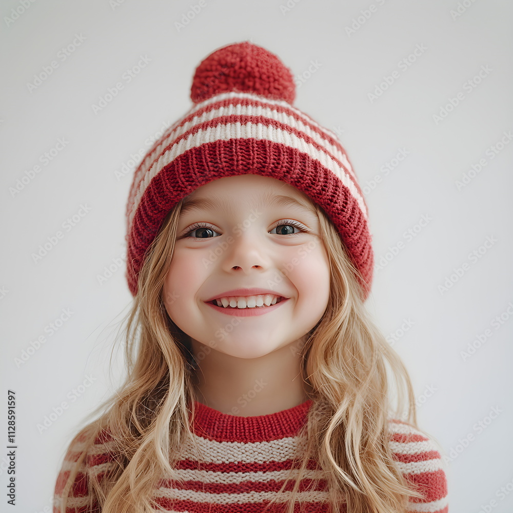 Blonde girl of five years in a warm red knitted hat with a pompom. White isolated background Blonde girl of five years in a warm red knitted hat with a pompom. White isolated background