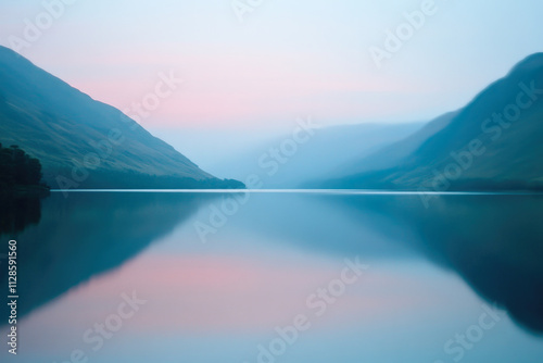 Fototapeta Naklejka Na Ścianę i Meble -  Serene misty lake reflection at sunrise between mountain valleys