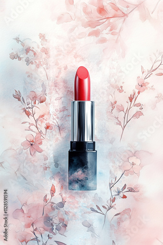 Red lipstick on watercolor floral background celebrating valentine's day