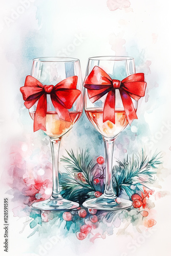 Two wine glasses decorated with red ribbons for christmas celebration