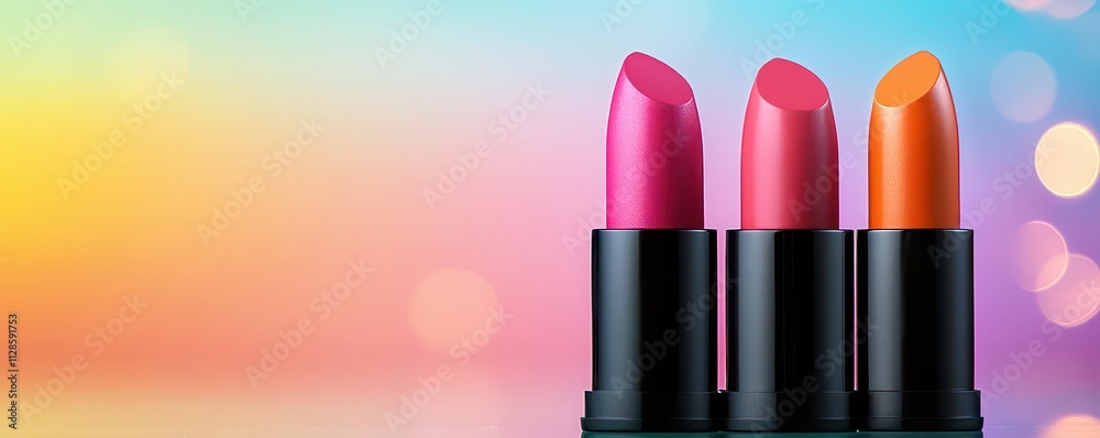 Obraz premium A whimsical display of colorful lipsticks arranged in a circular pattern on a glass tabletop, with sparkling fairy lights in the background, 3D render