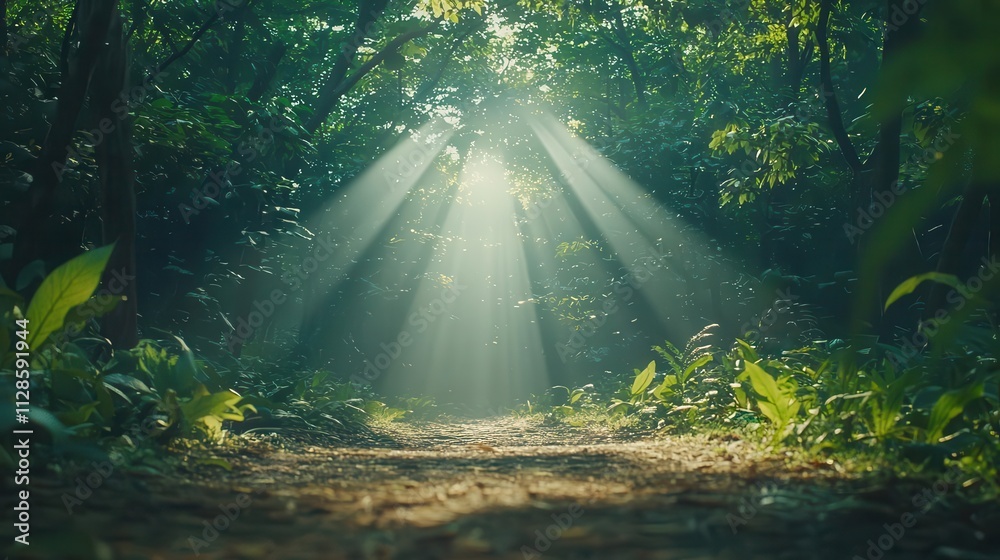 Obraz premium A foggy forest path with sunlight streaming through, representing natural moisture from plant transpiration