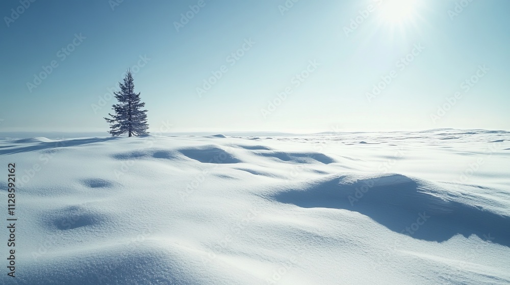 A Solitary Pine in a Pristine Winter Wonderland. Breathtaking Snow-Covered Plains Under a Clear Blue Sky. A Solitary Pine in a Pristine Winter Wonderland. Breathtaking Snow-Covered Plains Under a Clear Blue Sky.