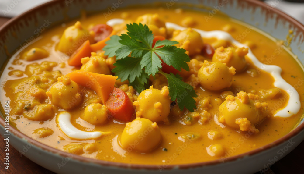 Chickpea curry with carrots and creamy yogurt garnish Chickpea curry with carrots and creamy yogurt garnish