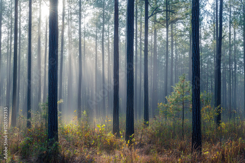 Sunlit morning mist in serene pine forest landscape with tall trees