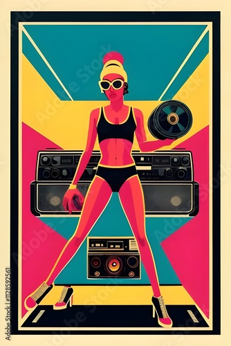 vintage retro gig poster featuring a pretty sexy young gogo dancer woman with speakers, music, dance, dancer, disco, club, nightclub, design, art, illustration, colorful, vibrant, party, entertainment