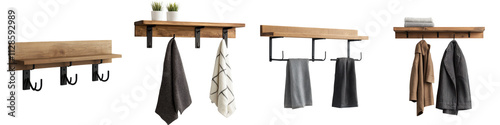 Rustic wooden shelves with metal hooks for hanging coats bags and other household items in a modern minimalist home entryway or mudroom