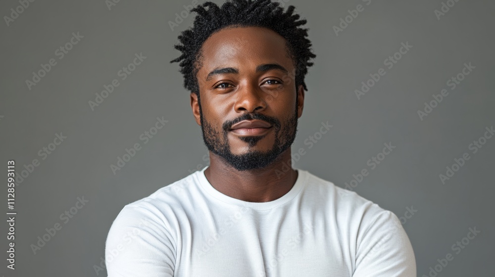 Man with a beard and dreadlocks is smiling for the camera. He is wearing a white shirt and is standing in front of a gray background Man with a beard and dreadlocks is smiling for the camera. He is wearing a white shirt and is standing in front of a gray background