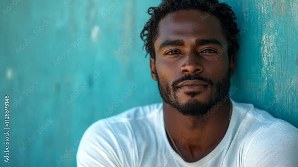 Obraz premium Man with a beard and a white shirt is leaning against a blue wall. He has a serious expression on his face