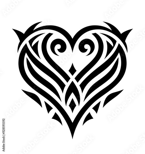 A black decorative linear heart shaped vector design. A female tattoo in a new tribal style. An elegant logo illustration.