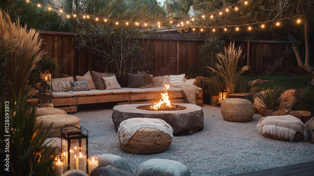 Fototapeta premium Bohemian outdoor seating area with a stone fire pit, low wooden stools, woven poufs, and a blanket-covered bench. Surrounded by driftwood, potted grasses, and string lights for a cozy, earthy ambiance