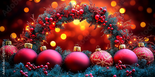 Holiday decorations. Festive Christmas decorations in vibrant colors, New Year celebrations