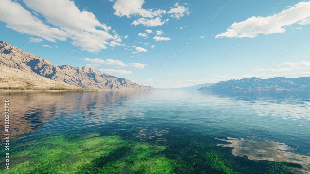 Fototapeta premium Serene Mountain Lake Clear Water Green Algae Sky Landscape
