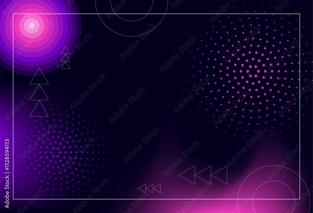 Abstract background with purple and pink gradients, geometric shapes, and halftone patterns. Features concentric circles, triangles, and dots on a dark backdrop, creating a modern, futuristic design. Abstract background with purple and pink gradients, geometric shapes, and halftone patterns. Features concentric circles, triangles, and dots on a dark backdrop, creating a modern, futuristic design.