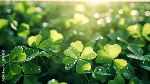 Dew-kissed clover leaves in sunlight with morning glow