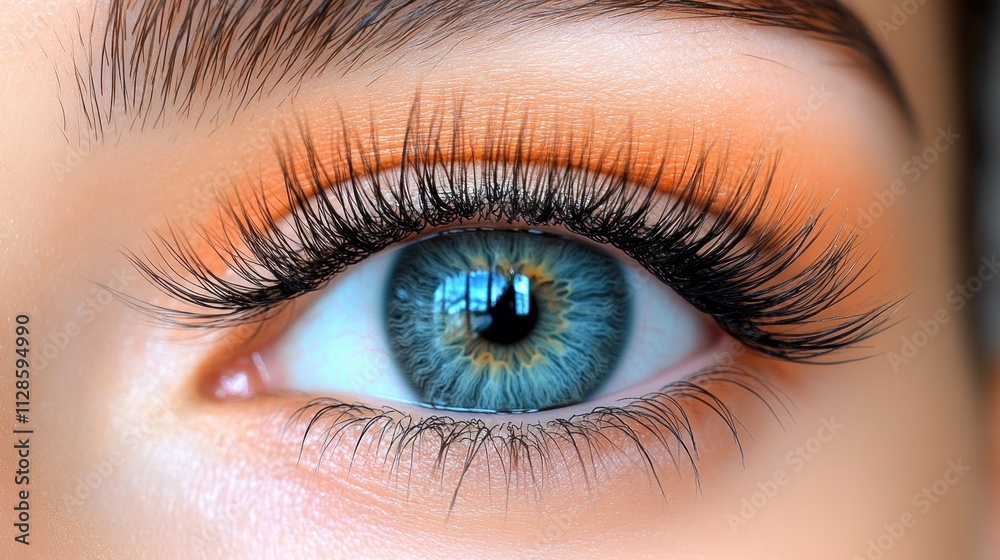Close-up of eye with false eyelashes and orange eyeshadow. Close-up of eye with false eyelashes and orange eyeshadow.