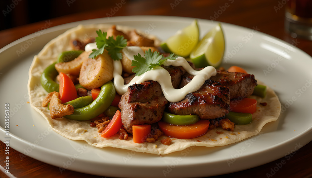 Beef tacos with grilled vegetables, creamy sauce, and lime garnish Beef tacos with grilled vegetables, creamy sauce, and lime garnish