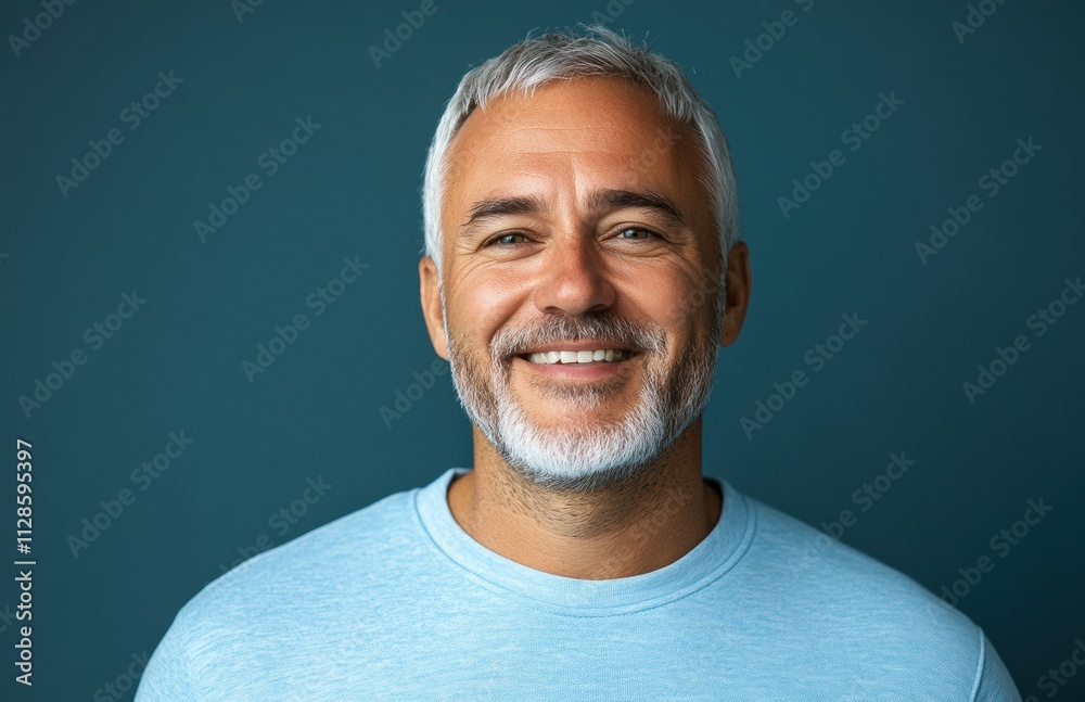 Obraz premium Happy middle-aged man with white hair smiling confidently