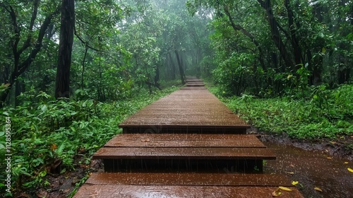 Forest pathway covered in dew and mist, emphasizing balanced water and moisture dynamics
