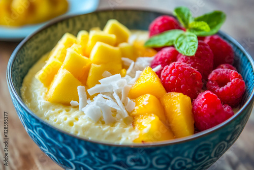 Vibrant mango raspberry coconut dessert bowl with fresh mint garnish