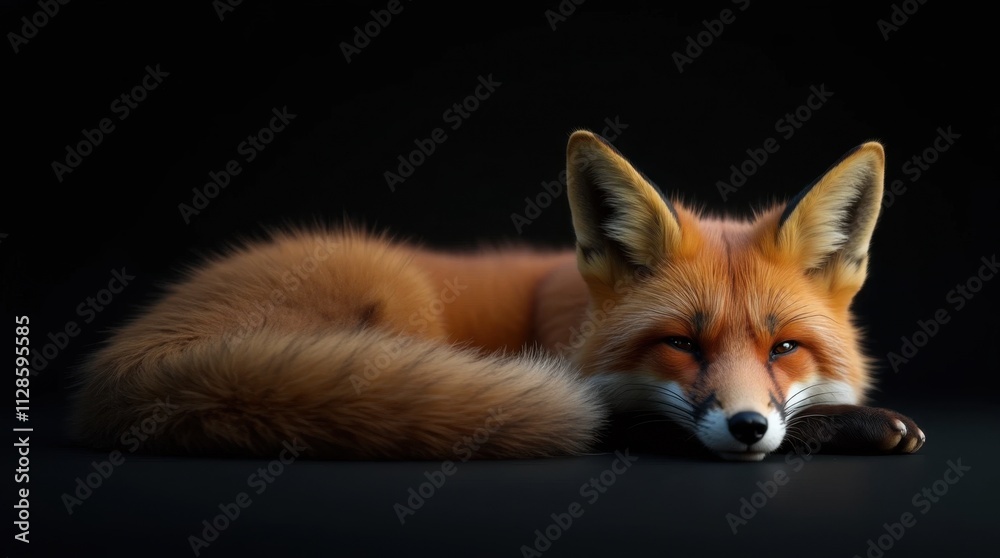 Obraz premium Hyperrealistic Photo of a Resting Fox Against a Black Background