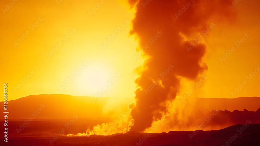 A volcanic planet with fiery geysers erupting against a smoky orange sky distant black mountains silhouetted in the background. A volcanic planet with fiery geysers erupting against a smoky orange sky distant black mountains silhouetted in the background.
