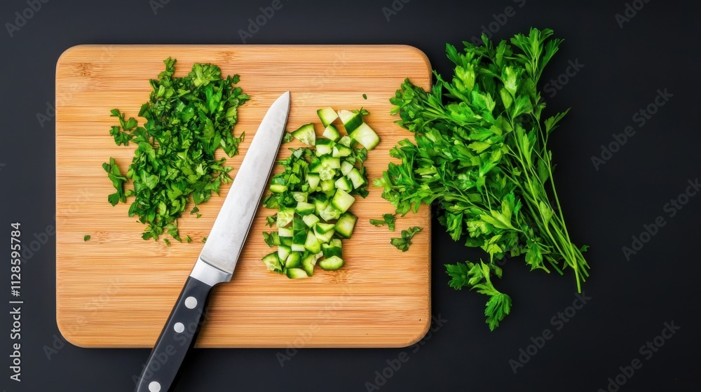 Chopping Fresh Herbs and Vegetables on a Wooden Cutting Board Kitchen Culinary Art Gourmet Environment Top-Down View Healthy Eating Concept Chopping Fresh Herbs and Vegetables on a Wooden Cutting Board Kitchen Culinary Art Gourmet Environment Top-Down View Healthy Eating Concept
