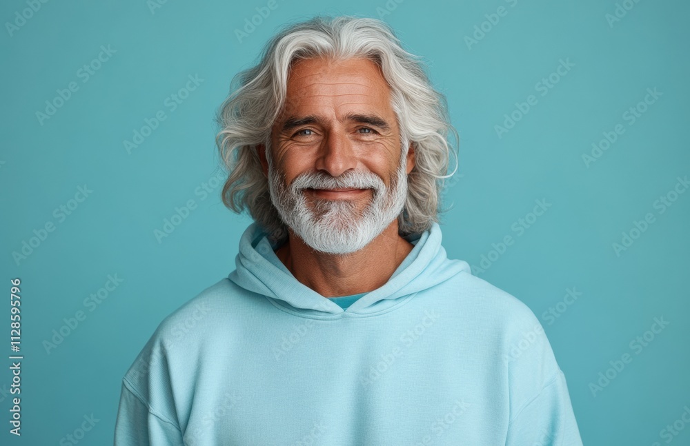 Happy middle-aged man in a blue hoodie smiling confidently Happy middle-aged man in a blue hoodie smiling confidently