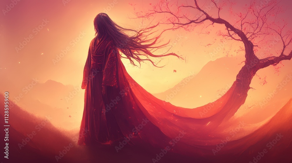 Sunset Fantasy Woman in Red Kimono by Lake Sakura Tree Sunset Fantasy Woman in Red Kimono by Lake Sakura Tree