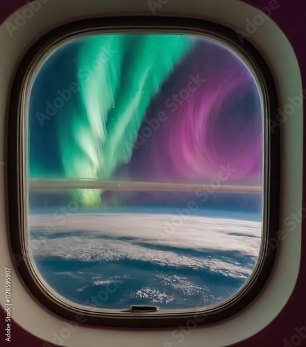 Aurora Borealis, or Northern Lights, captured from the vantage point of a spacecraft window. The vibrant green and pink hues of the lights dance across the night sky above a cloud-covered Earth.